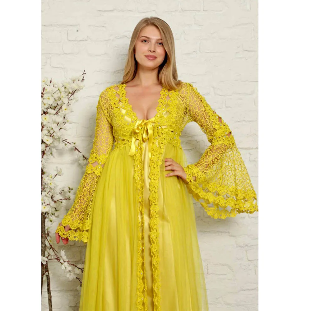 

Women's Nightgown Dressing Gown Long Satin Lace Underwear Comfortable Sleep at Home Wearable in Bed Wedding Dowry Gift Products