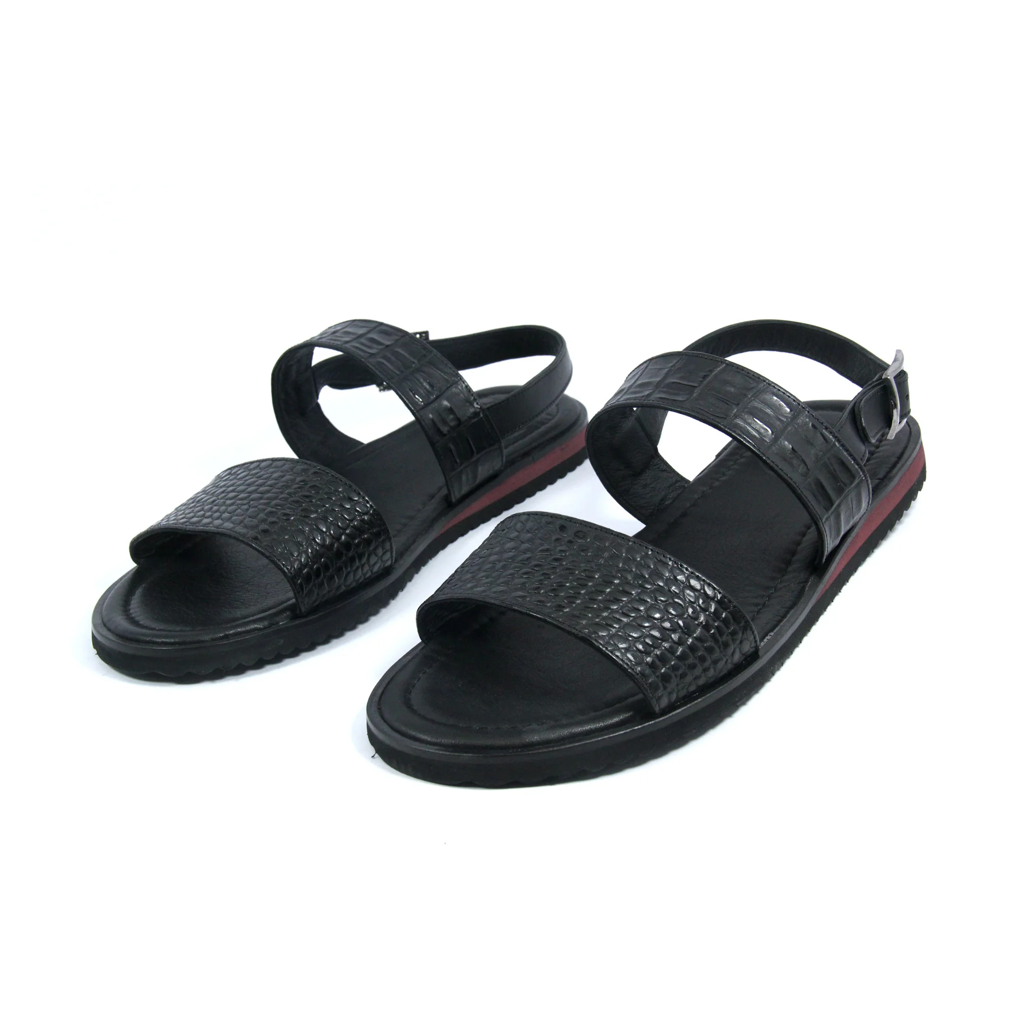 

Handmade Black Leather Sandals, Real Calfskin, Embossed Croco Alligator Pattern, Lightweight EVA Sole, Sliders for Travelling