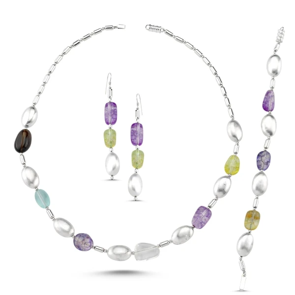 

Silver 925 Sterling Color Quartz Stone Necklace, Bracelet and Earrings Set