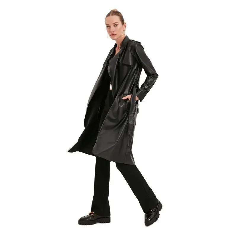 

Black Belted Faux Leather Trench Coat Winter Fashion Denim Leather Jacket Casual Stylish Wear Fashion Paris Fashion New Trend