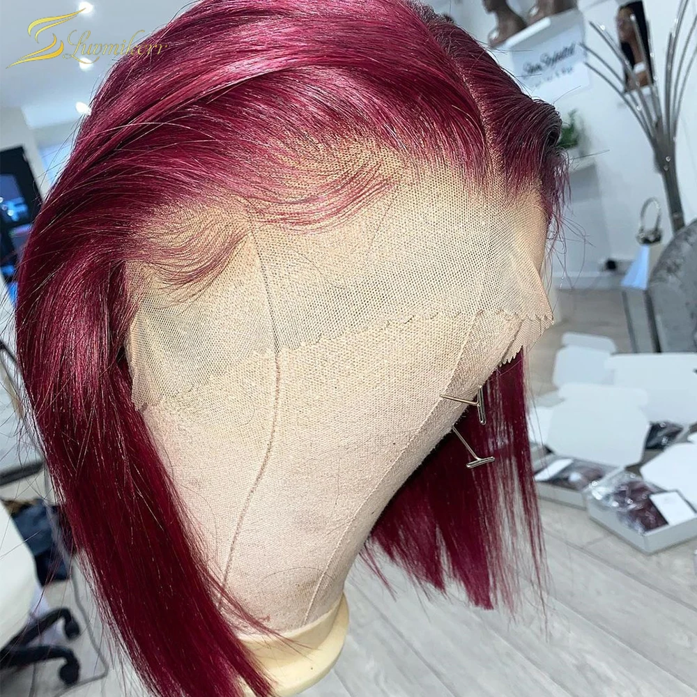 

99J Red Burgundy Color Short Bob Wig Straight Lace Front Wig Full HD Lace Frontal Wig Pixie Blunt Cut Human Hair Preplucked 13x6