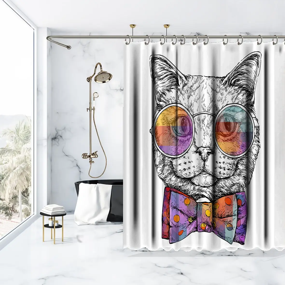 Занавеска для душа Умный кот в очках и галстуке-бабочке горошек модный значок