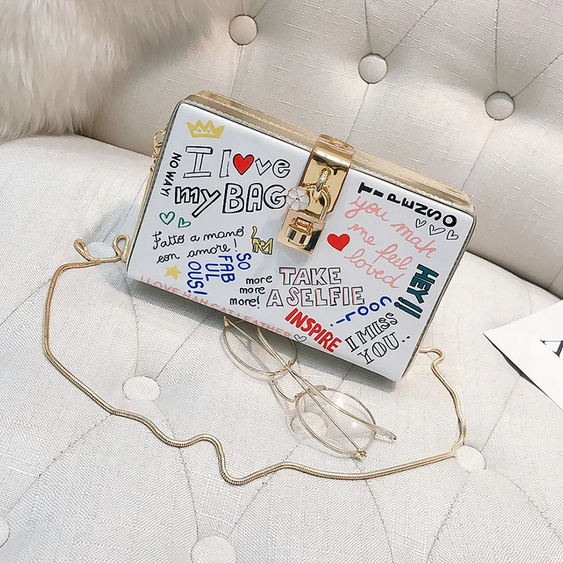 

VALTIS Letter Graffiti Box Design Leather Party Clutch Bag Shoulder Chain Bag for Women Small Crossbody Bag Purses and Handbags
