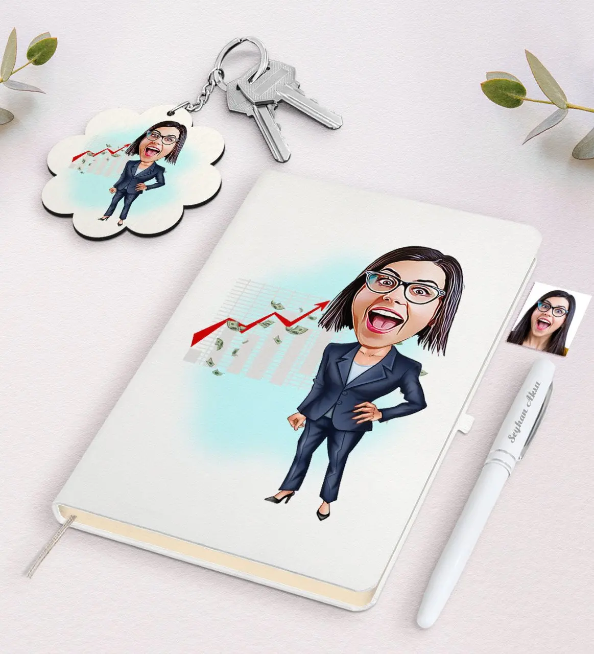 

Personalized Women 'S Boss Caricature Of White Notebook pen And Keychain Gift Seti-1 Reliable Quality Gift Casual design
