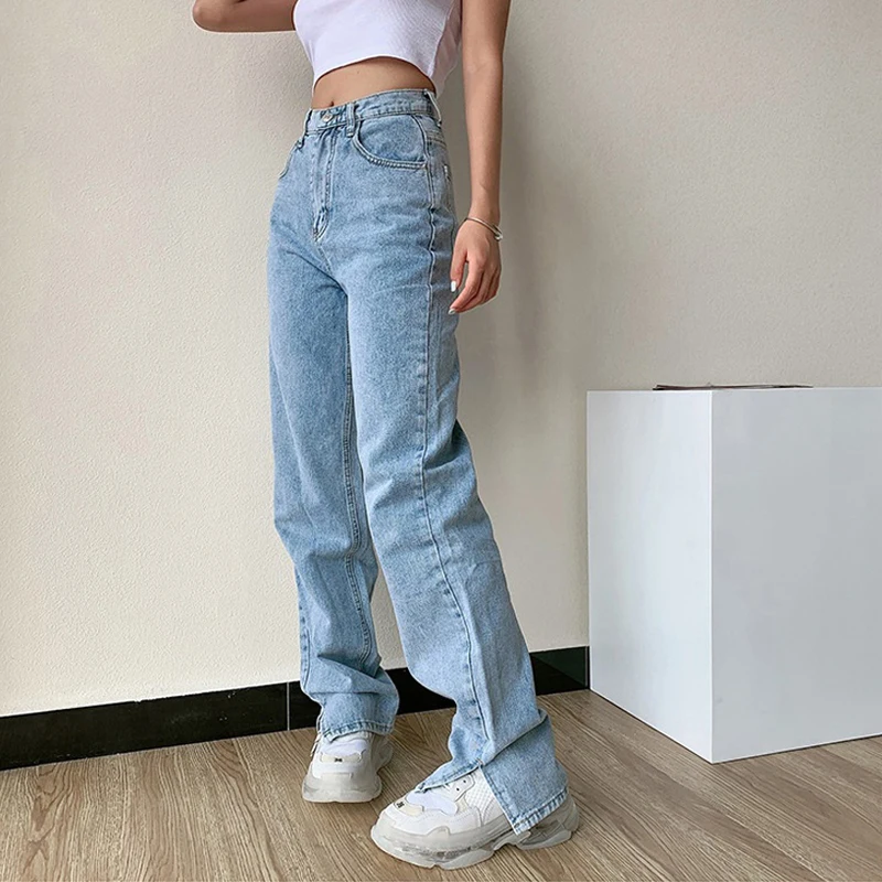 

Women's Side Split Straight Jeans Women High Waist Slim Loose Pants Street Casual Washed Mom Fashion Trousers