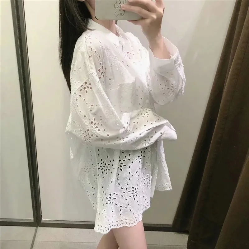 

NWOMN Za 2021 White Shirt Oversize Women Summer Mesh Shirt Woman Embroidery Elegant Blouses Woman Casual Button Up Long Shirts