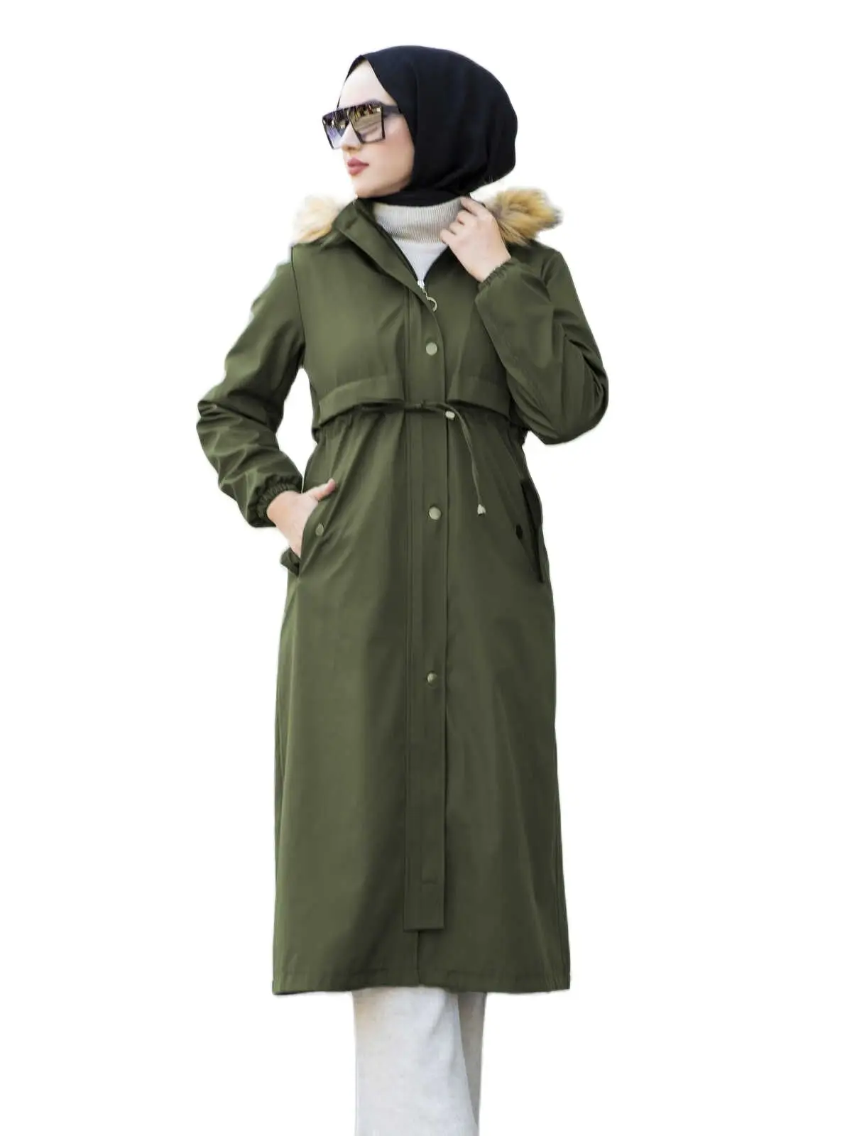 

Turkey Store 100 Waterproof Inside Furry Hijab Coats Hooded Autumn-Winter Turkish Women Long Lengthwise Down zipper