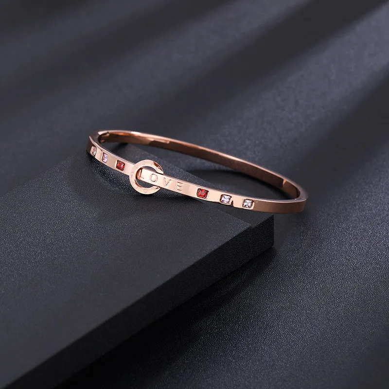 

Rose Gold Color Stainless Steel Crystal LOVE Letter Bangle Bracelet for Women Lover Luxury Korean Fashion Charm Bracelet Jewelry