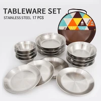 17pcsset portable camping mess kit outdoor tableware stainless steel barbecue picnic plate bowl dinnerware with storage bag