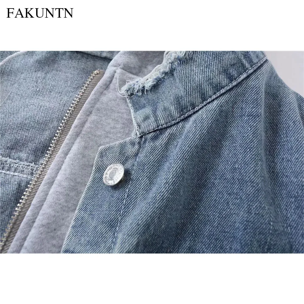 

Autumn Winter Women's Denim Jacket Coats 2020 Fashion Zipper Two Piece Stitching Hood Outerwear Female Jean Jacket Women Clothes