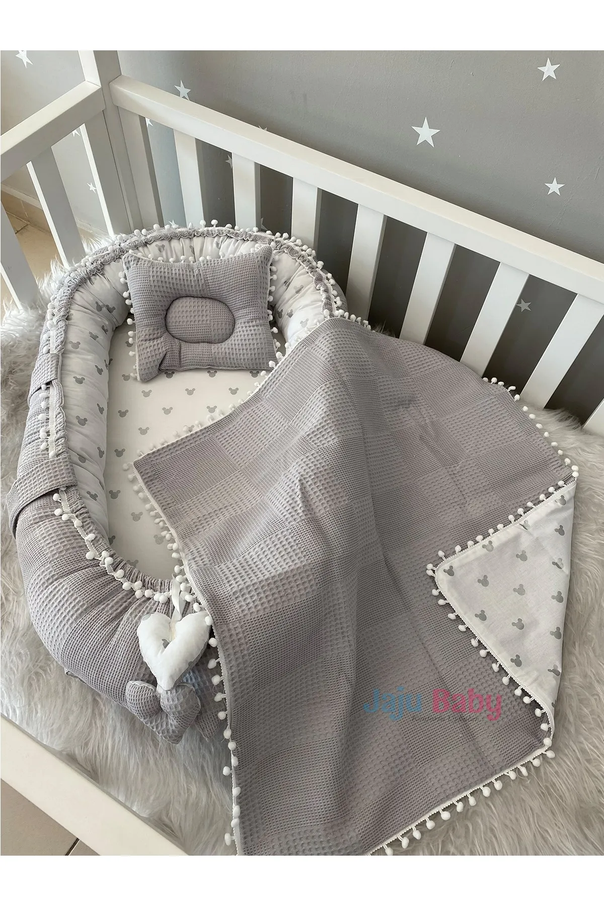 Jaju Baby Handmade Gray Waffle Pique Fabric Micky Design Luxury Babynest Set of 3 with Pompom Mother Side Portable Baby Bed