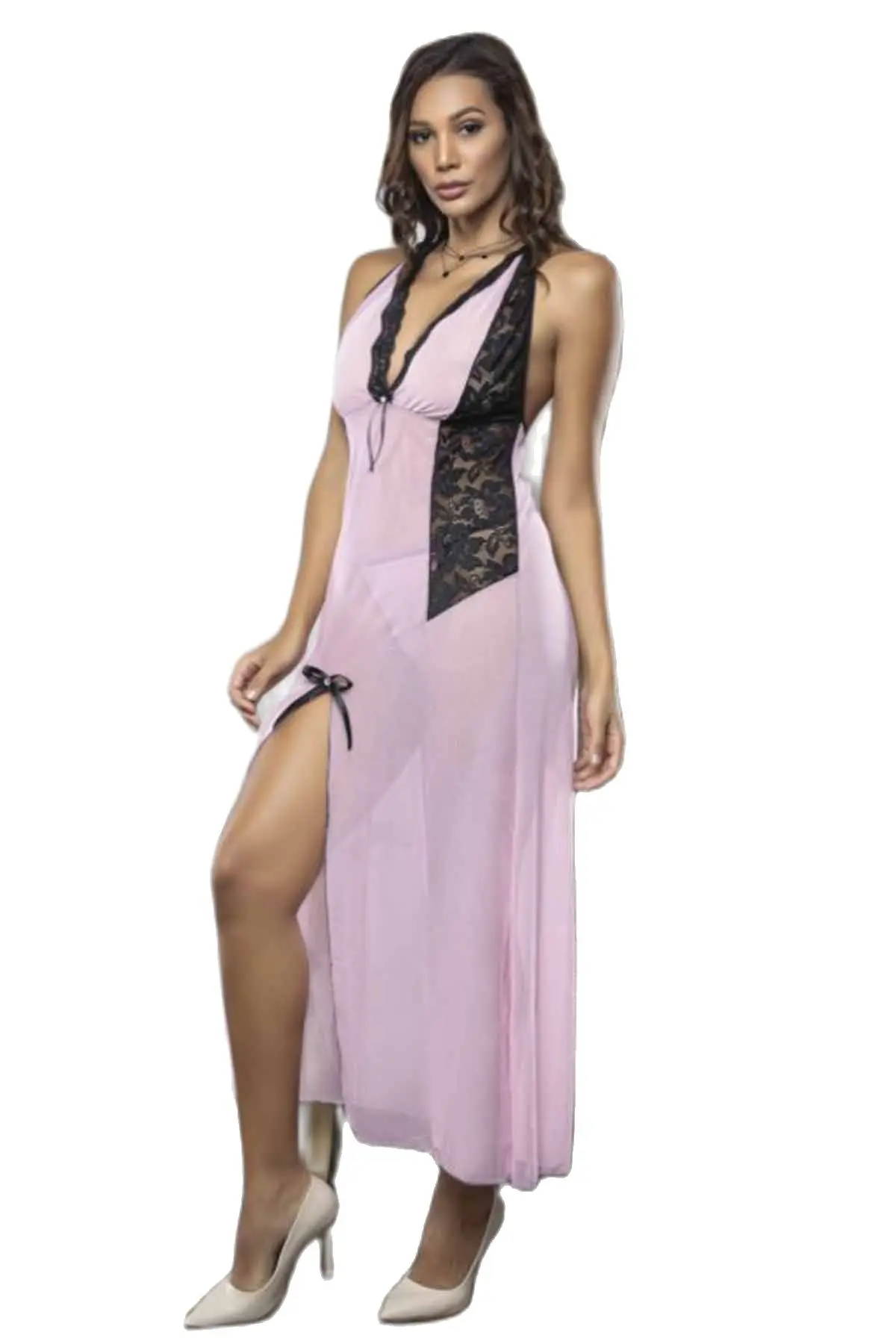 

Женская розовая шифоновая кружевная длинная ночная рубашка, Фантастическая ночная рубашка, экзотическое нижнее белье