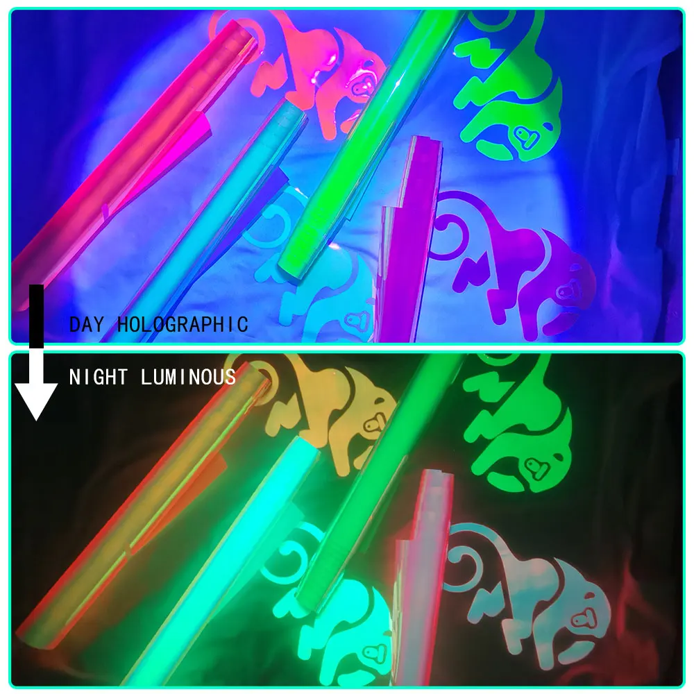 

Heat Transfer Vinyl Glow in Dark HTV Iron on Vinyl Luminous Symphony Laser Magic holographic Luxury Color for DIY T-Shirts