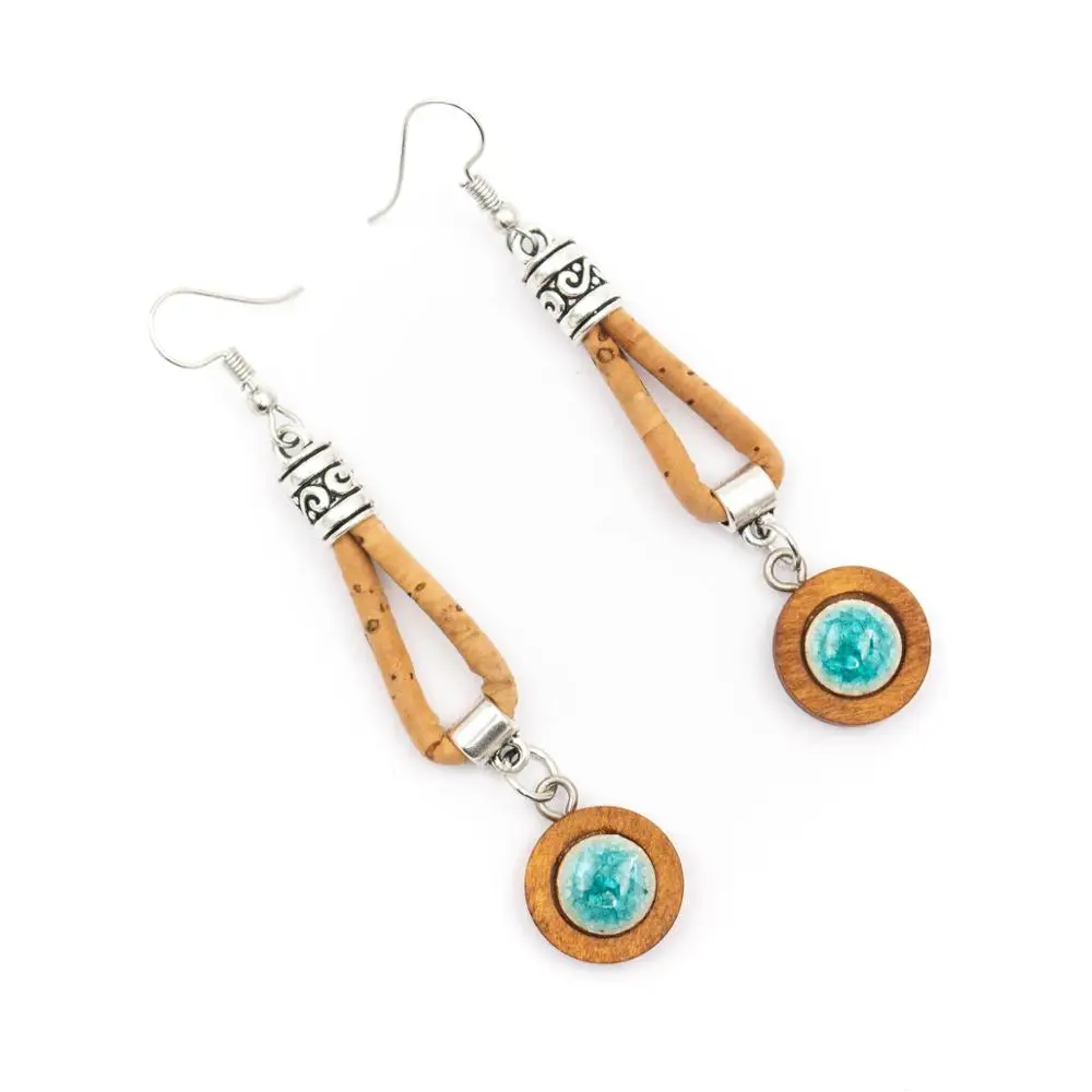 Natural cork with round wood pendant women earrings Original handmade ladies earrings-ER-105-MIX-5 | Украшения и аксессуары