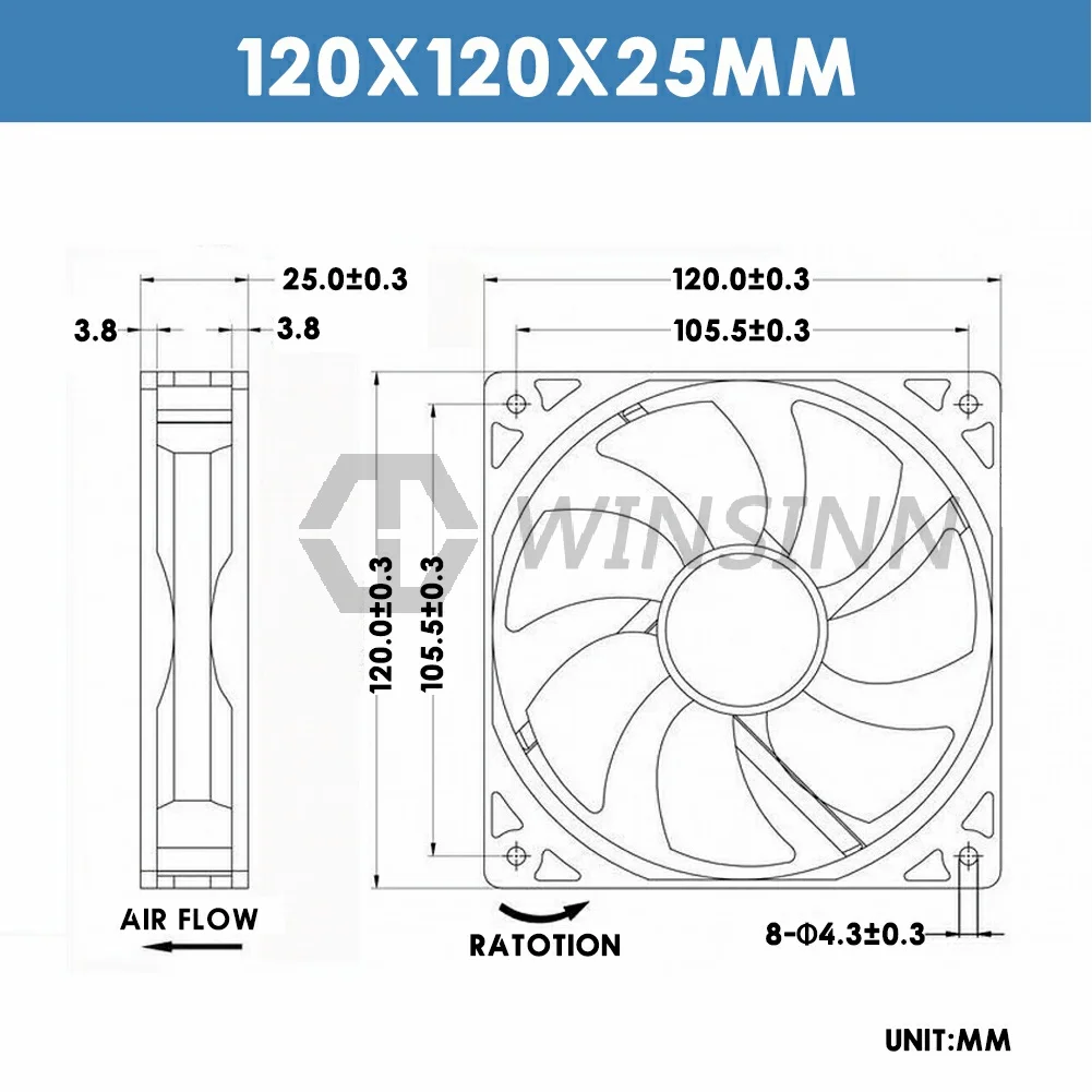 WINSINN 120mm Fan DC 5V 12V 24V 12025 Sleeve / Dual Ball Bearing Brushless Cooling 120x25mm 2PIN |