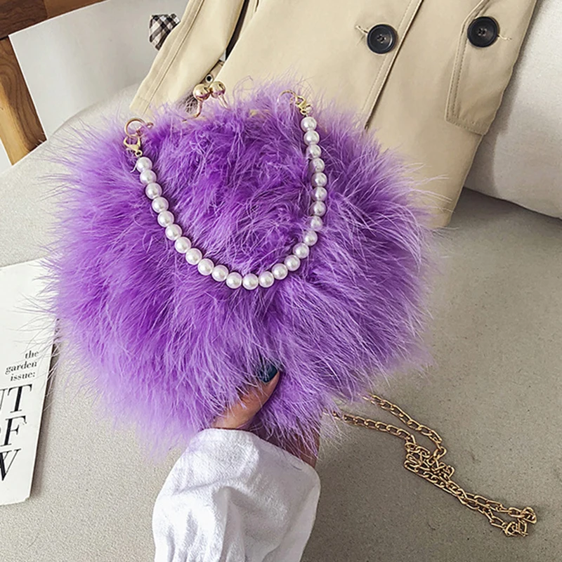 

Fluffy Evening Crossbody Ostrich Feather Bags for Women Luxury Brand Purse Handle Handbag Chain Clutch S3068