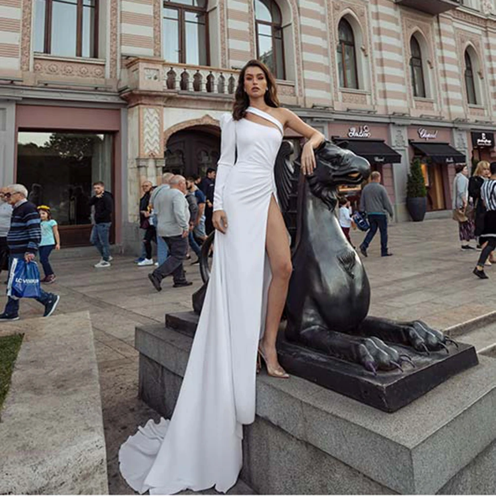 

UETEEY Elegant Mermaid Wedding Dress One Shoulder Long Sleeves Bride Gowns Sweep Train 2022 Sexy High Slit Vestido De Noiva
