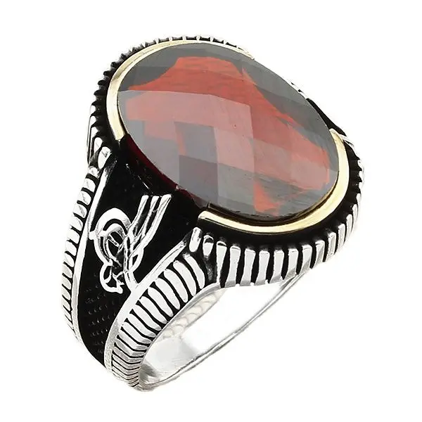 

Sterling Silver Mens Ottoman Sign Ring with Oval Red Zircon Gemstone Vintage Turkish Ring Unique Handmade Ring Gifts for Men
