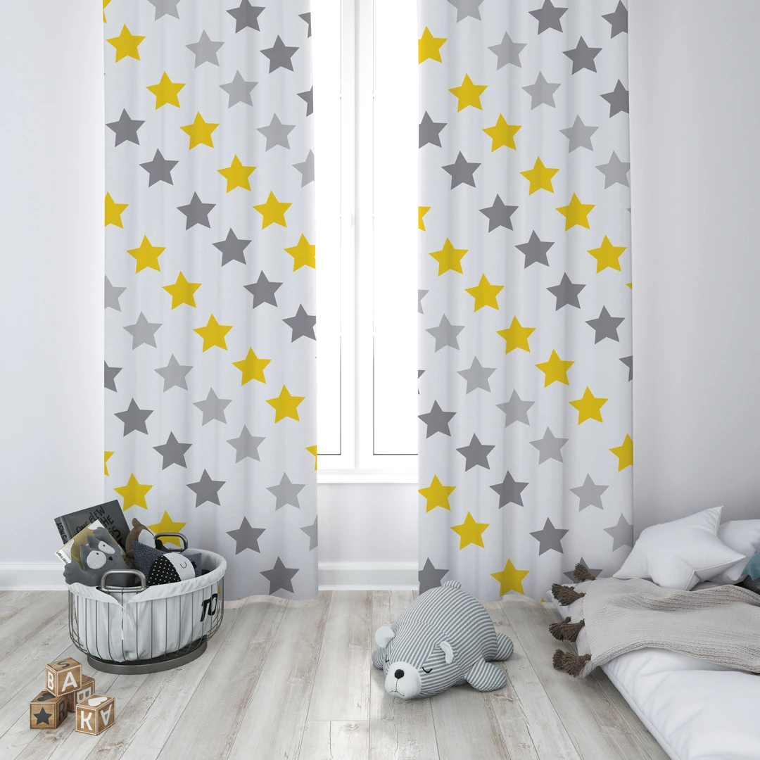

Curtains Children 3D Printed Decorative Items Home Childrens Room Yellow and Gray Stars Model 126