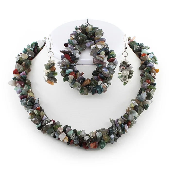 Комплект яшма зеленая &quotВасилиса&quot галька 3х короткие 45см |