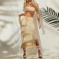 new design women hollow out bikini cover up chest wrap long skirt 2 pieces set beach swimwear sun protection skirt with tassel