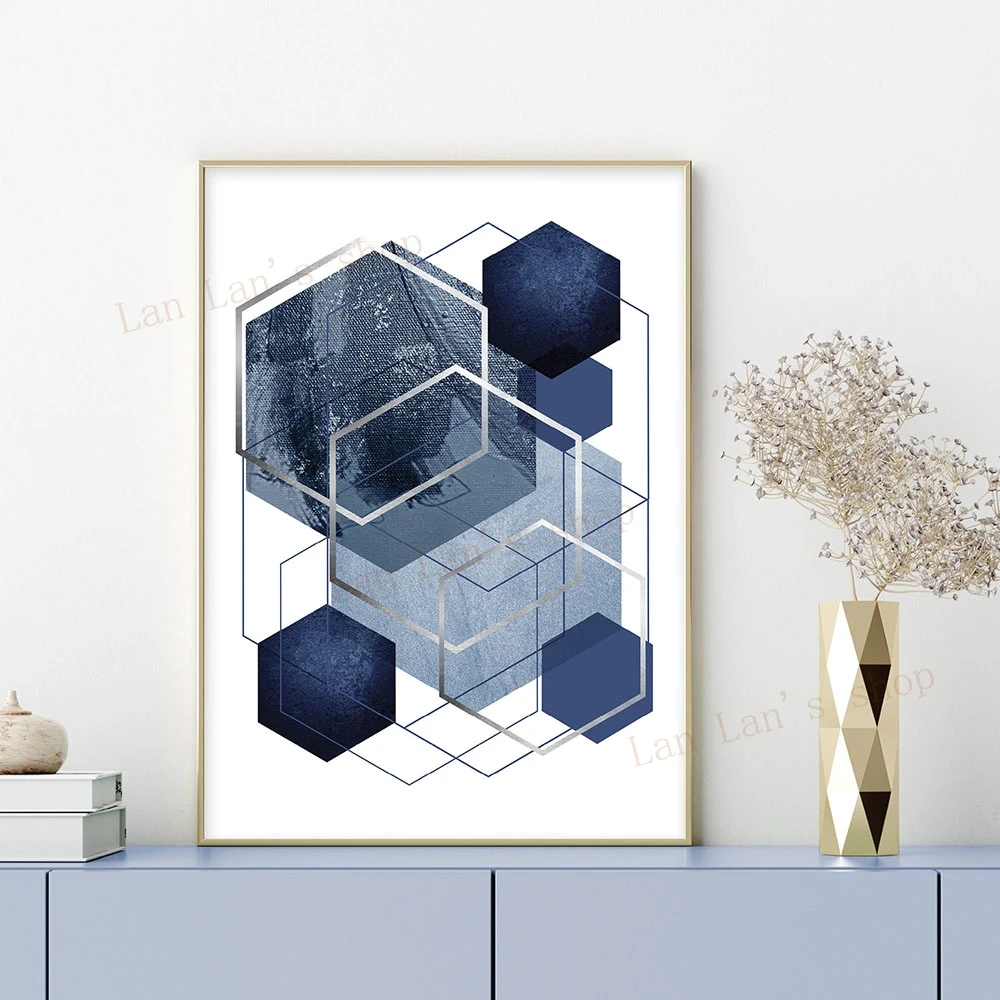 Абстрактный геометрический плакат Современная темно-синяя Серебряная