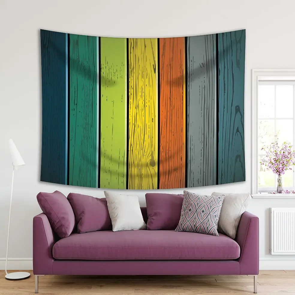 

Tapestry Colorful Wood Wall with Vertical Panels Vintage Decorating Stylish Print Navy Blue Green Yellow Brown