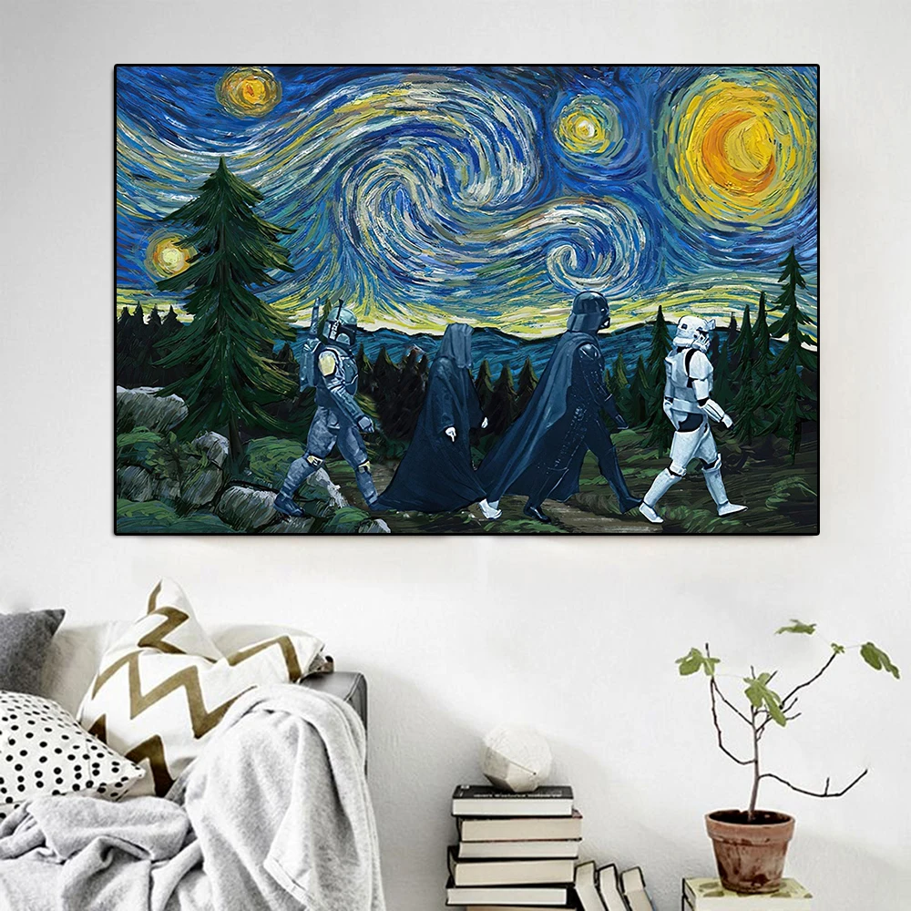 

Star War Starry Night Poster Darth Vader Stormtrooper Funny Movie Canvas Painting Disney Wall Art Living Room Home Decoration