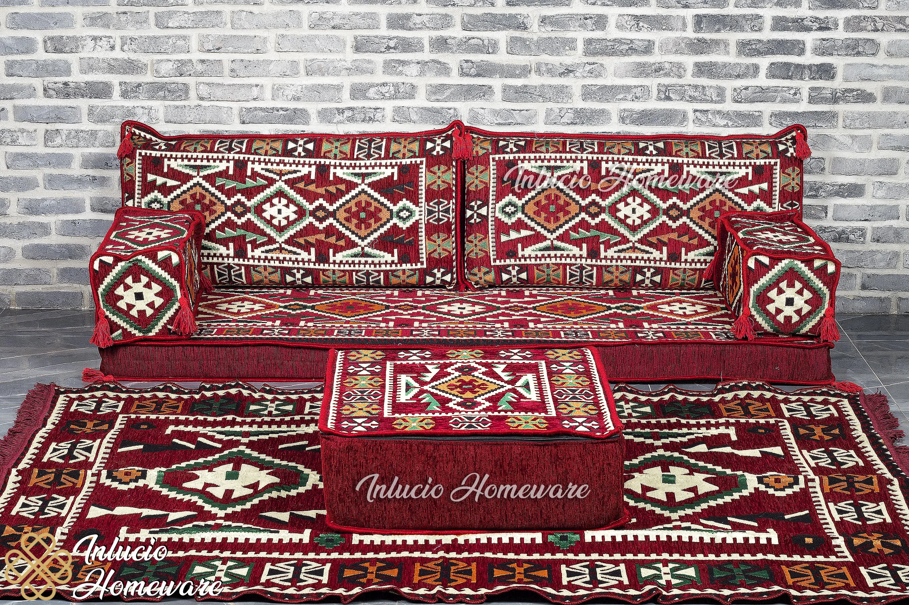

Arabic Majlis Set Arabic Jalsa Japanese Sofa Floor Cushion Sofa Claret Red Sofa Traditional Pillow Set Carpet Ottoman Furniture