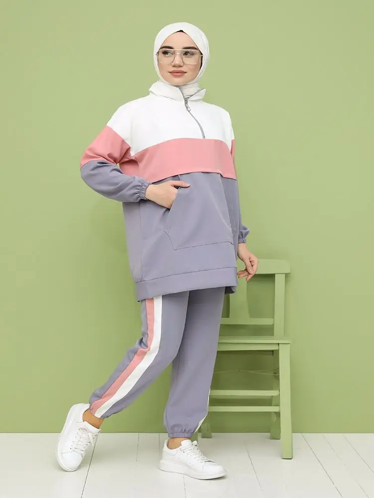 

Kangaroo Pocketed Tunic Trousers Double Suit 2 Piece Women's Sets Crew Neck Tunic High Waist Wide Leg Four Seasons