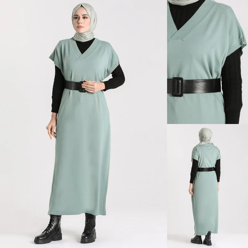 

Women Hijab Abaya Dress Vest V-neck Sleeveless Knitted Casual Loose Knitting Warm Sweater Muslim Fashion Islami Clothing Elegant