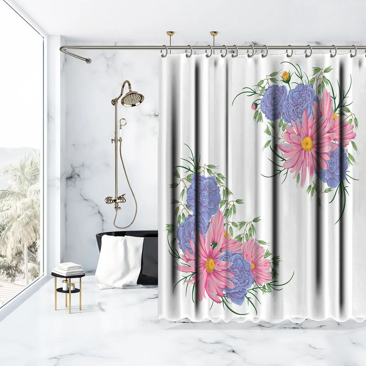 Занавеска для душа с букетом Герань Овес и ромашки цветы романтическое искусство