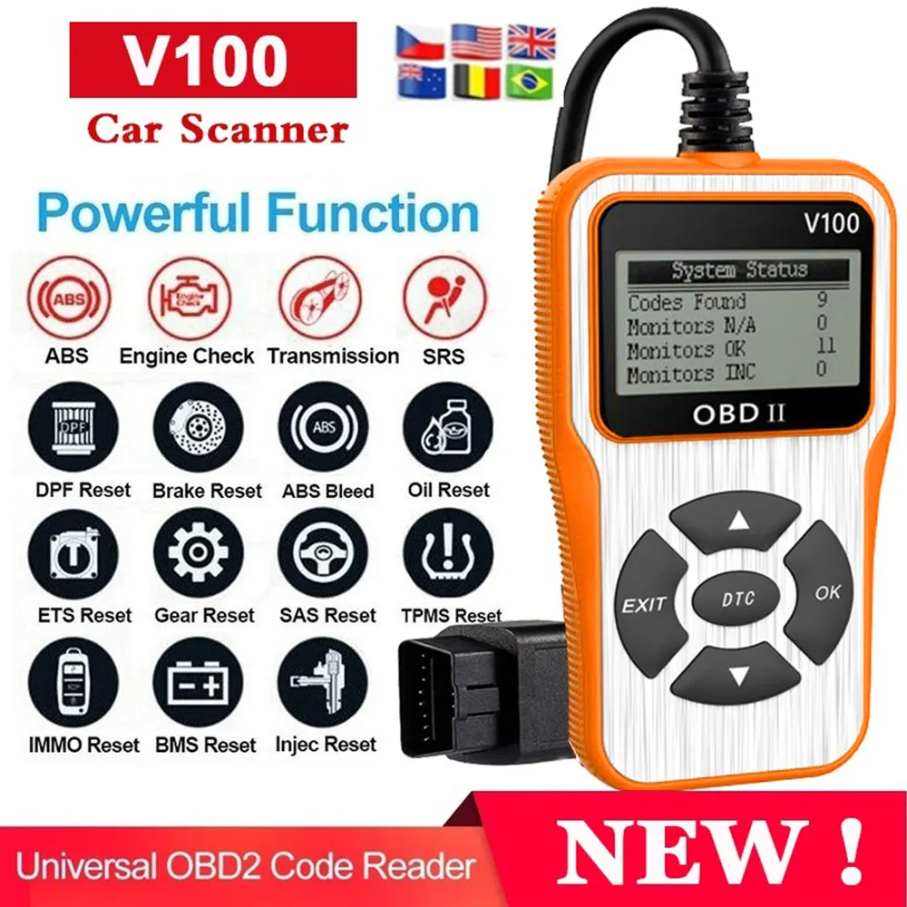 

Сканер диагностический автомобильный V100, OBD2, многофункциональный, прочный, портативный, с подсветкой 6 языков, с ЖК-дисплеем