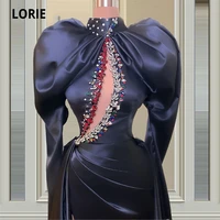 lorie arabic evening dresses high neck beaded rhinestones navy blue mermaid prom gown celebrity party dress with long sleeves