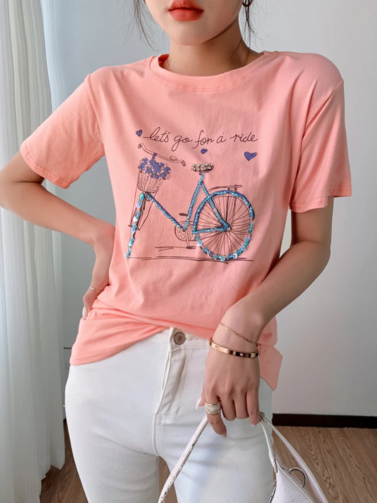 

gkfnmt T Shirt Summer Short Sleeve Women Top Sequins Beading Print Pink White Tshirt Cotton Korean Style T-shirt Women Clothes