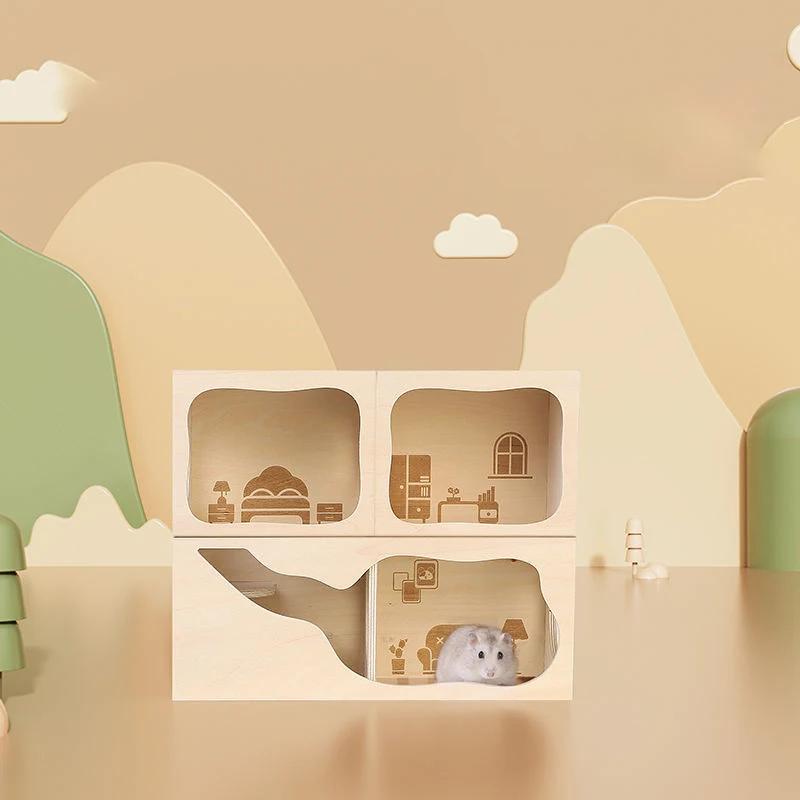 

Hamster Wooden Voyeur House Golden Bear Two-Bedroom Shelter House Maze Toy Hamster Nest Pastoral Landscaping Supplies