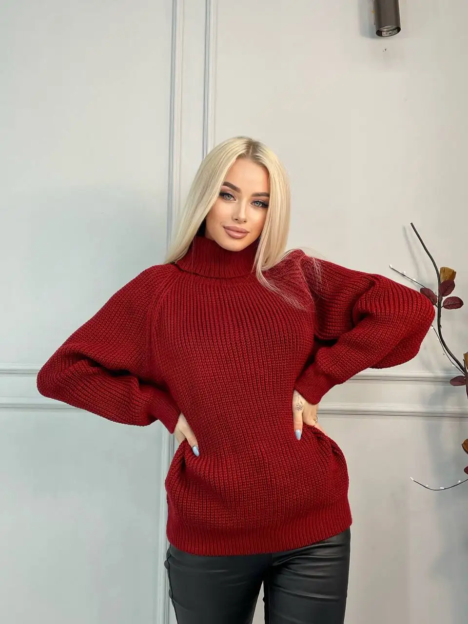 Женский вязаный свитер оверсайз пуловер с длинным рукавом горлом плотный теплый