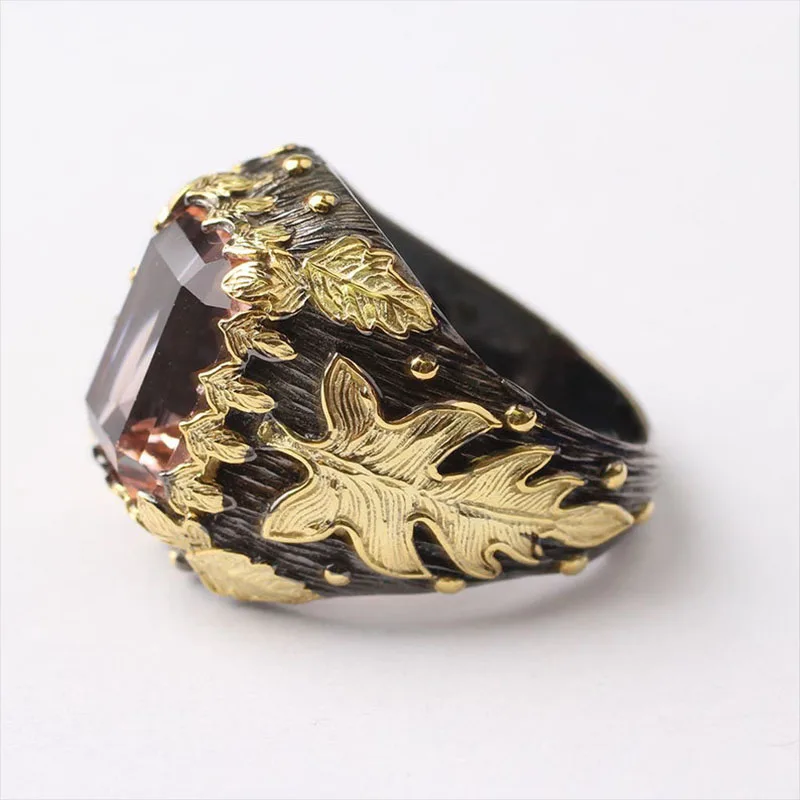 

Handmade Mens Silver Morganite Ring,925 Silver Rectangular Leaf Pattern Morganite Ring, Silver 18k Gold Plated,color changing