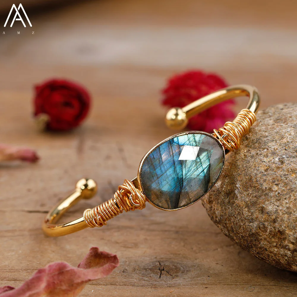 Fashion Women Flash Labradorite Stone Cuff Bracelet Natural Stone Wedding Birthday Party Jewelry Gift Dropship