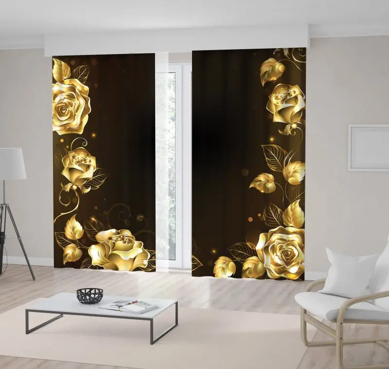 

Curtain Gold Roses on Dark Background Flower Bouquet Floral Classic Decorating Artwork Printed
