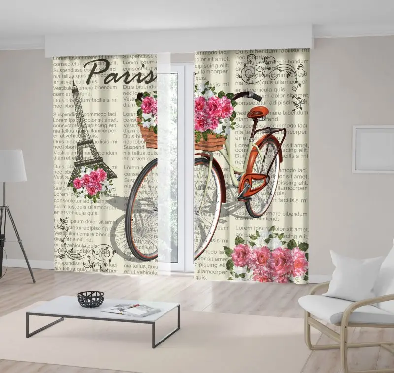 Занавес велосипедная корзина заполненная розами Эйфелева башня Париж