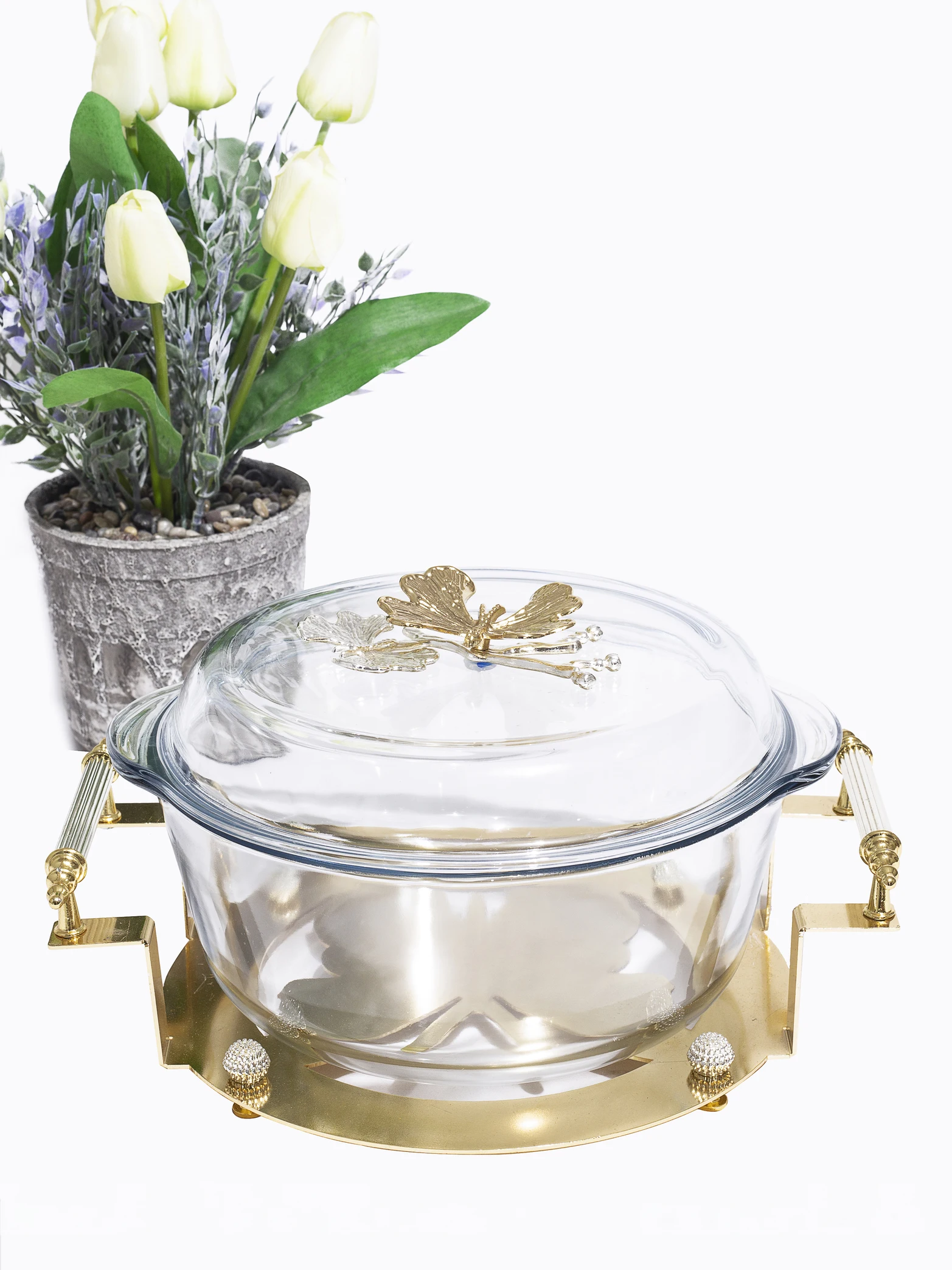 Круглый стеклянный пищевой чаша с крышкой золотого цвета в форме бабочки