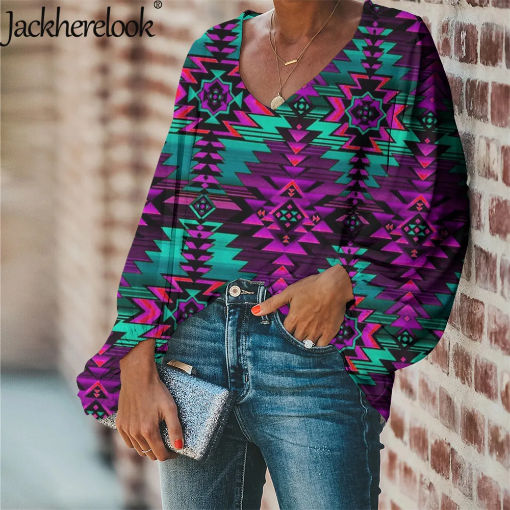 Женская блузка с геометрическим принтом jackhereluk свободная v образным вырезом в