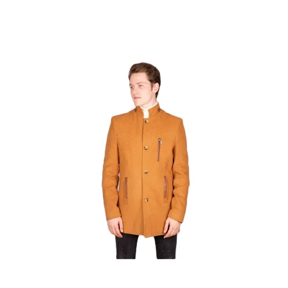 Men's Leather Zipper Detailed Khaki Cachet Coat 2021 Autumn Winter Season OuterwearJudgeCollar SlimFit Back Slit DetailedFashıon