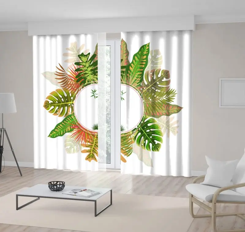 

Curtain Tropical Summer Pattern with Coconut Palm Banana Leaves Frame Circle Decorative Art Green Pink Beige