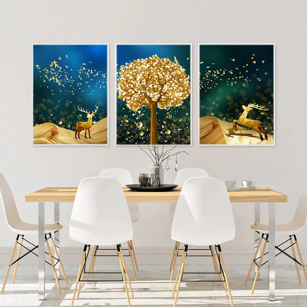 

Deer And Flowering Trees Under Night Sky Poster Abstract Canvas Painting Art Print Nordic Wall Picture Living Room Modern Decor