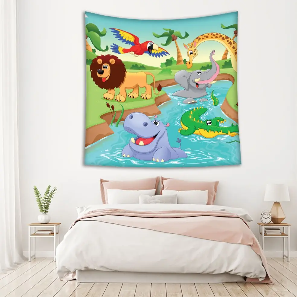 Гобелен Мультфильм Счастливые Животные по реке африканская дикая природа слон