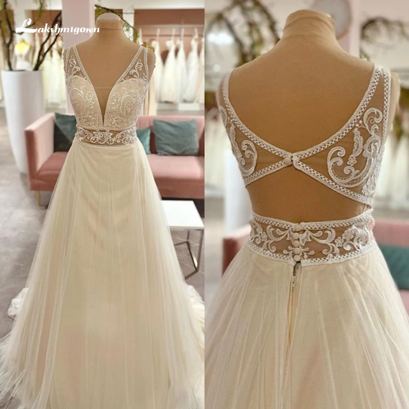 

Boho V-neck Off the Shoulder Backless Button Lace Appliques A-Line Wedding Dresses Netting Bridal Gown Sweep Floor vestidos