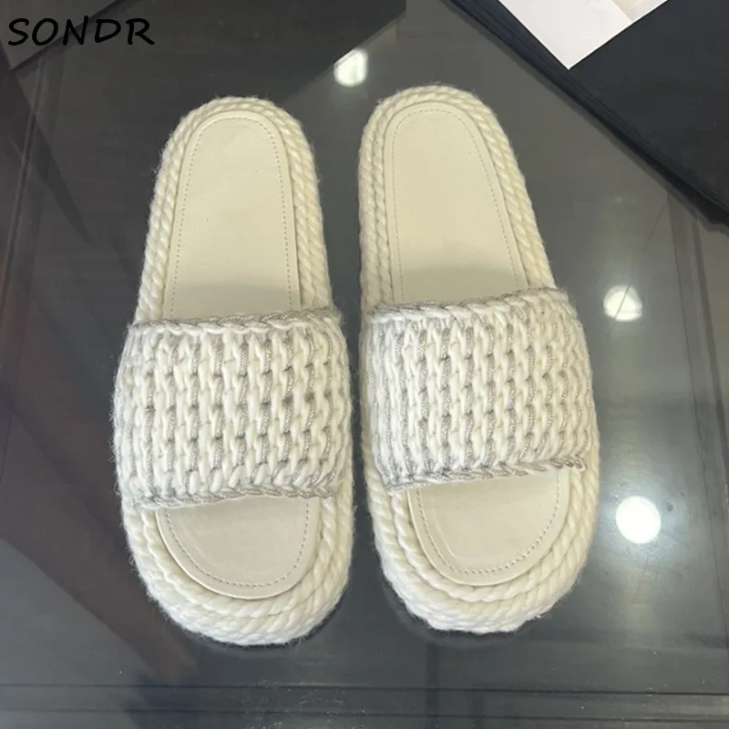 

New Designer Ladies Suede Leather Knit Slippers Women Fashion Summer Platform Flat Indoor Slides Brand Casual Mules Shoes Woman