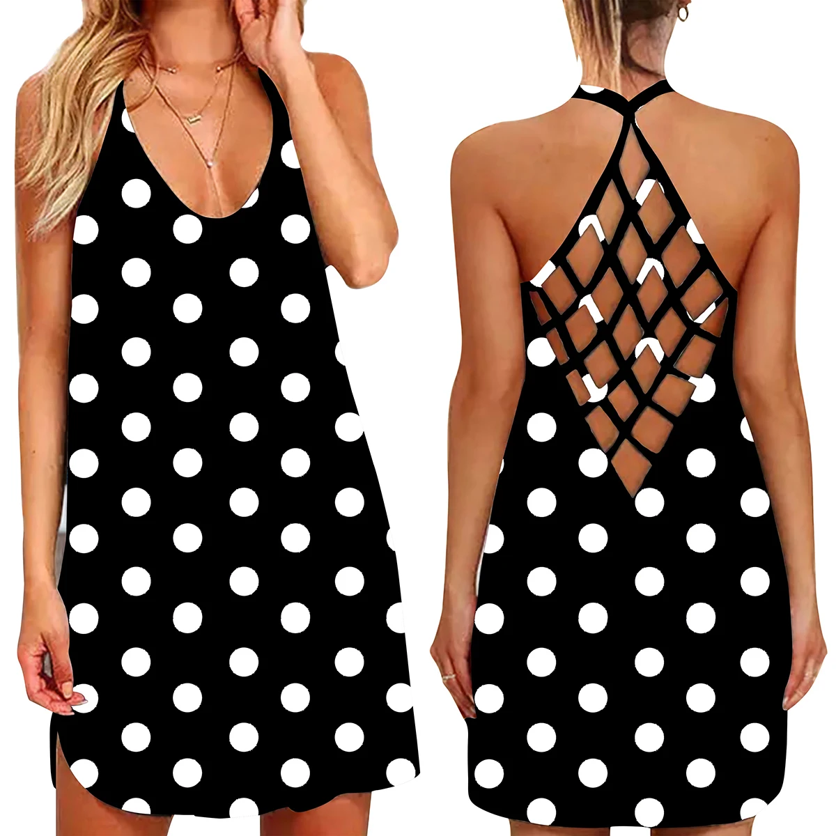 Женское ажурное платье макси с открытой спиной и рукавами винтажное в горошек